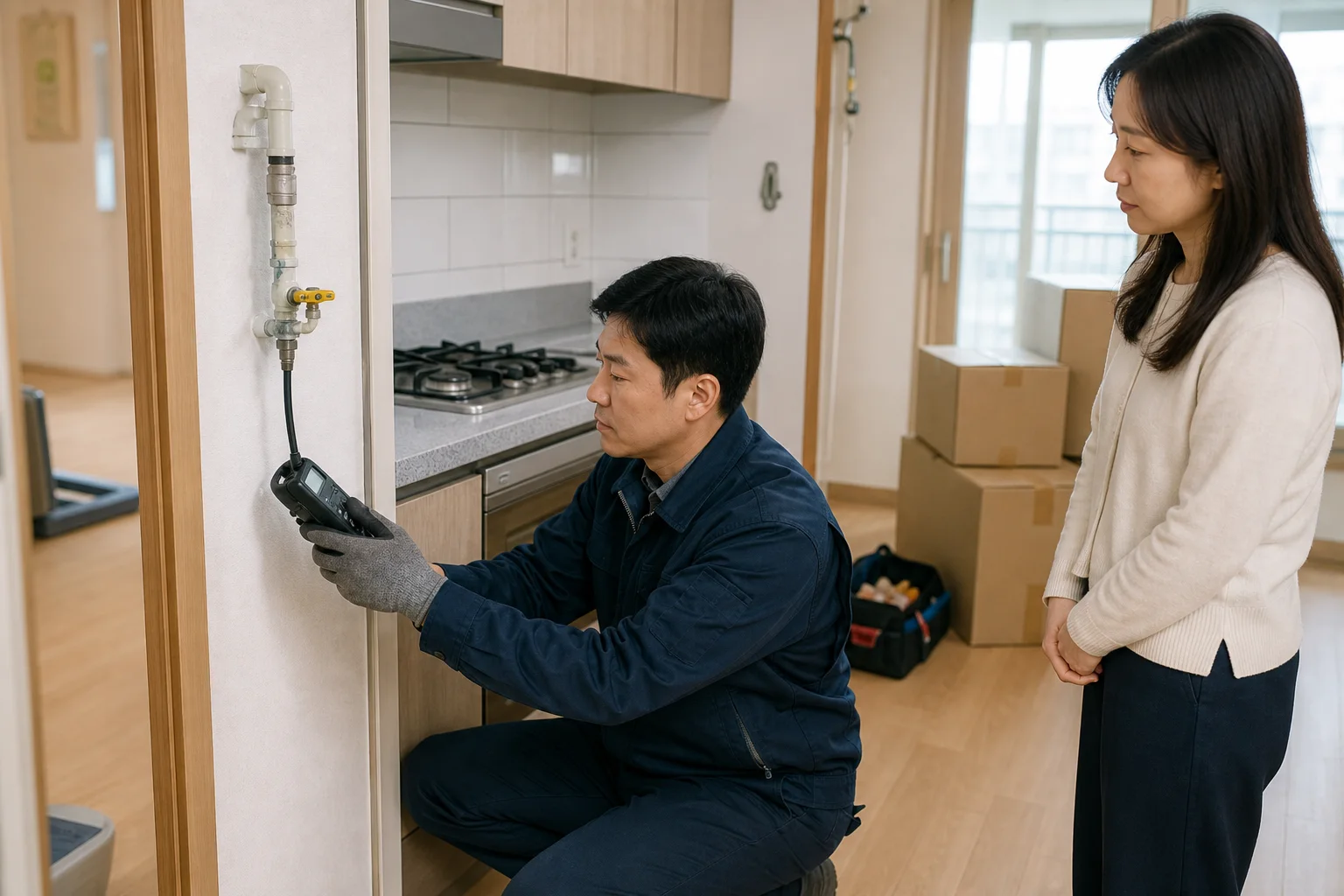 이사 전 주방의 도시가스 배관과 밸브를 점검하는 기술자와 거주자
