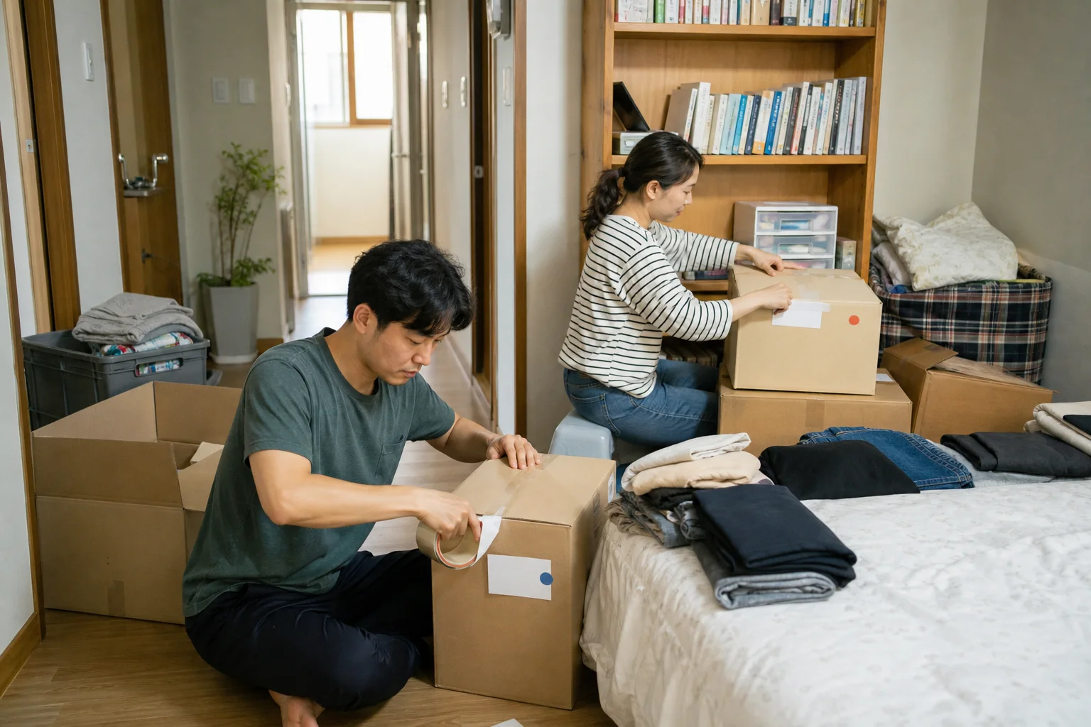 한국 가정에서 이사박스에 방별 라벨을 붙이는 모습