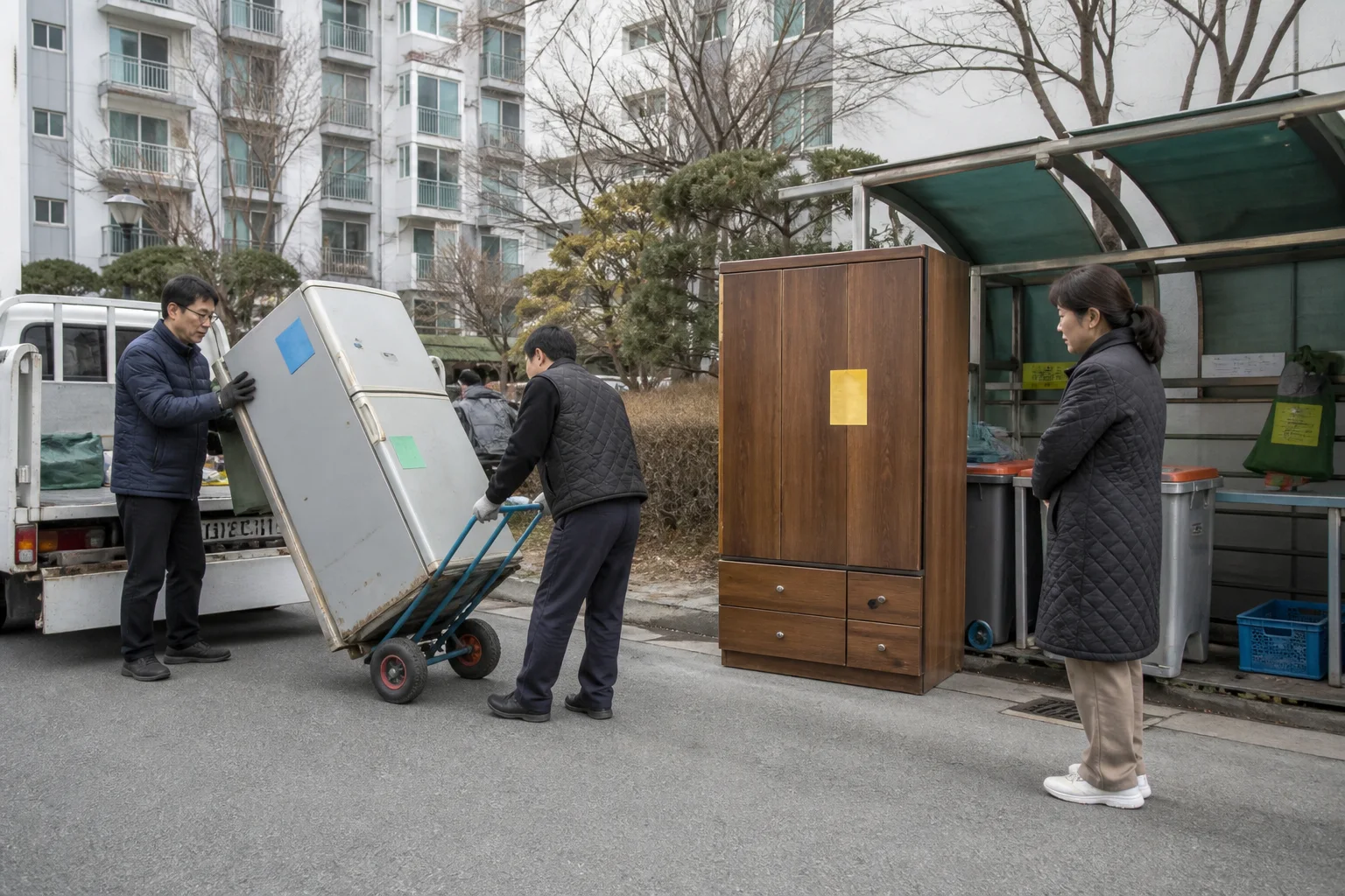 아파트 분리수거장 앞에서 폐냉장고와 대형가구를 옮기는 작업자와 거주자